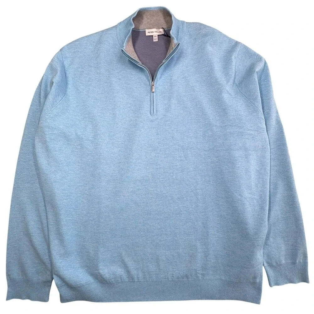 Peter Millar Coolspun Cotton Quarter Zip Sweater Mens 2XL‎ Light Blue Crown NWT